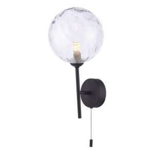 Cohen single switched wall light in matt black with clear dimpled glass on white background