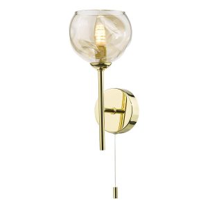 Cohen single switched wall light in polished gold with champagne glass on white background