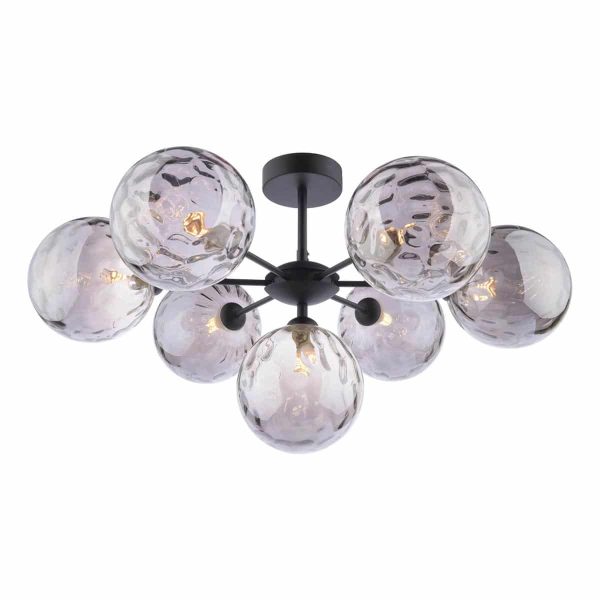 Cohen 7 arm semi flush low ceiling light in matt black with smoked dimpled glass on white background