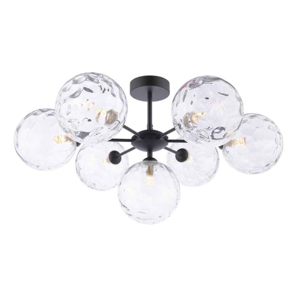 Dar Cohen 7 Arm Low Ceiling Light Black Clear Dimpled Glass