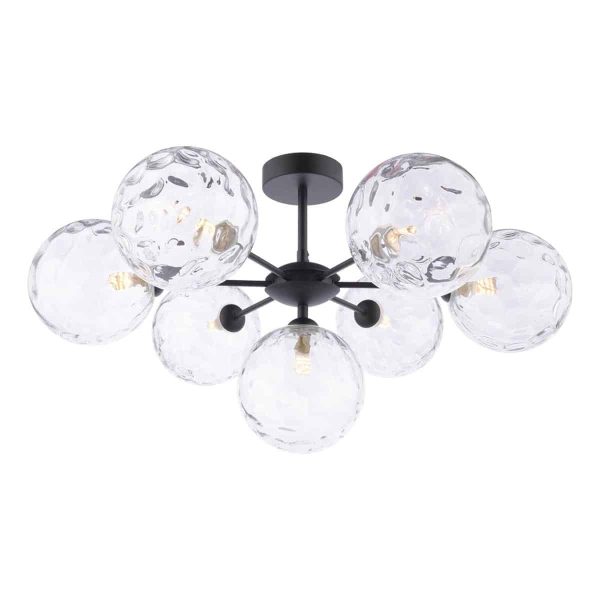 Cohen 7 arm semi flush low ceiling light in matt black with clear dimpled glass on white background