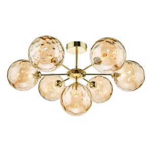 Cohen 7 arm semi flush ceiling light in polished gold with dimpled champagne glass on white background