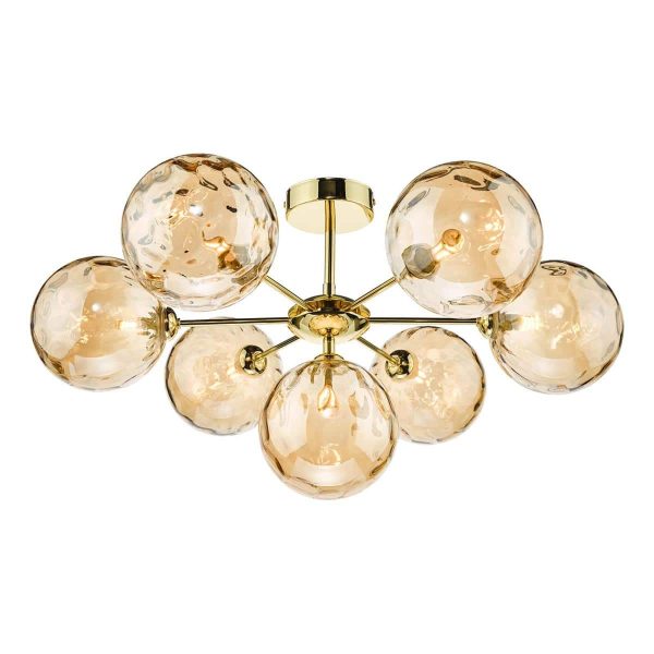 Cohen 7 arm semi flush ceiling light in polished gold with dimpled champagne glass on white background