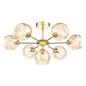 Cohen 7 arm semi flush ceiling light in polished gold with champagne glass on white background
