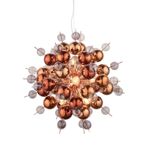 Contemporary 9 Light Starburst Pendant Copper Glass Polished Copper