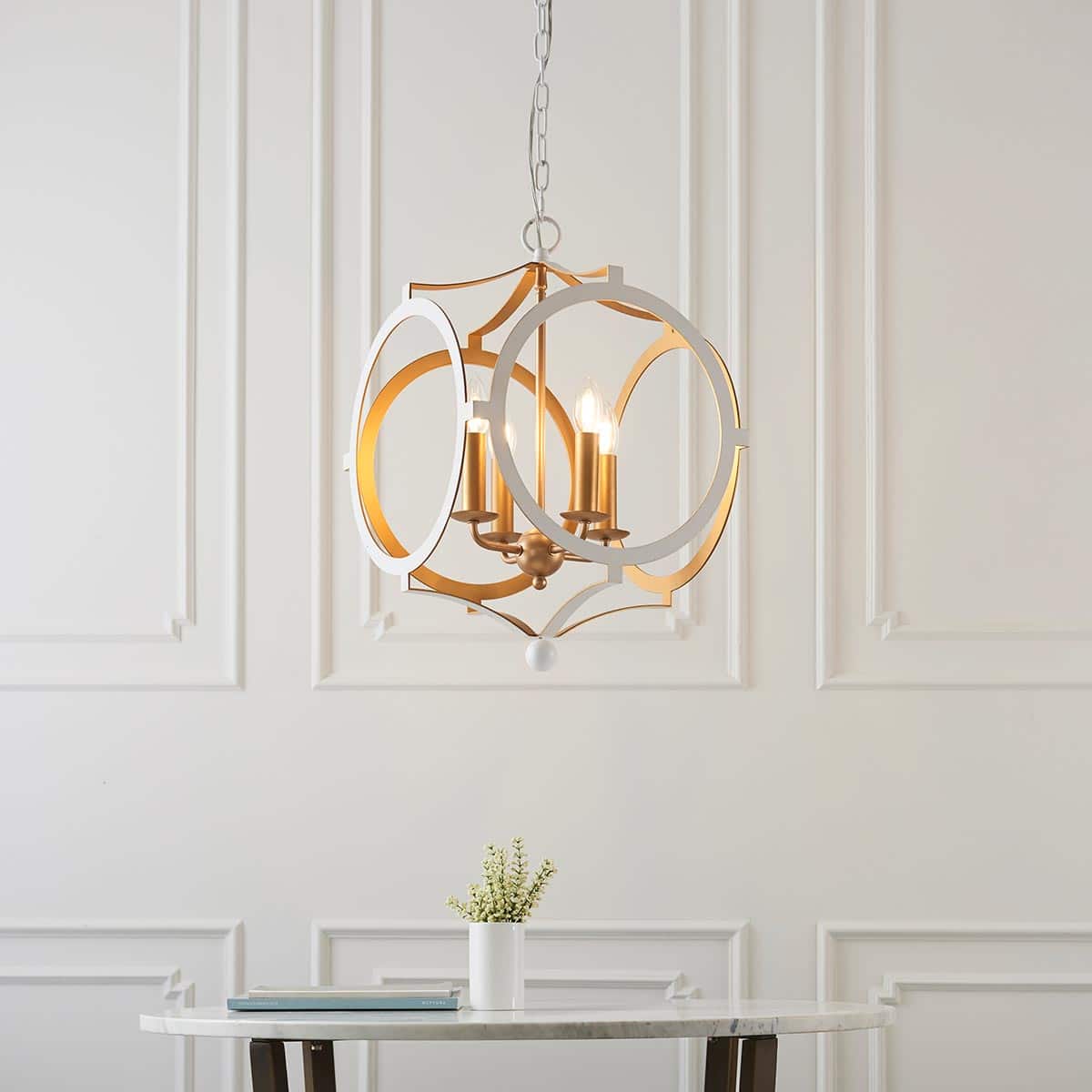 Contemporary Matt Gold & Matt White 4 Light Pendant Chandelier