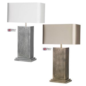 Croc table lamp in bronze or pewter finish with bespoke shade showing both finishes