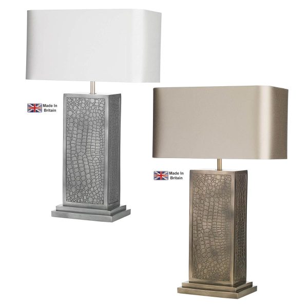 Croc table lamp in bronze or pewter finish with bespoke shade showing both finishes