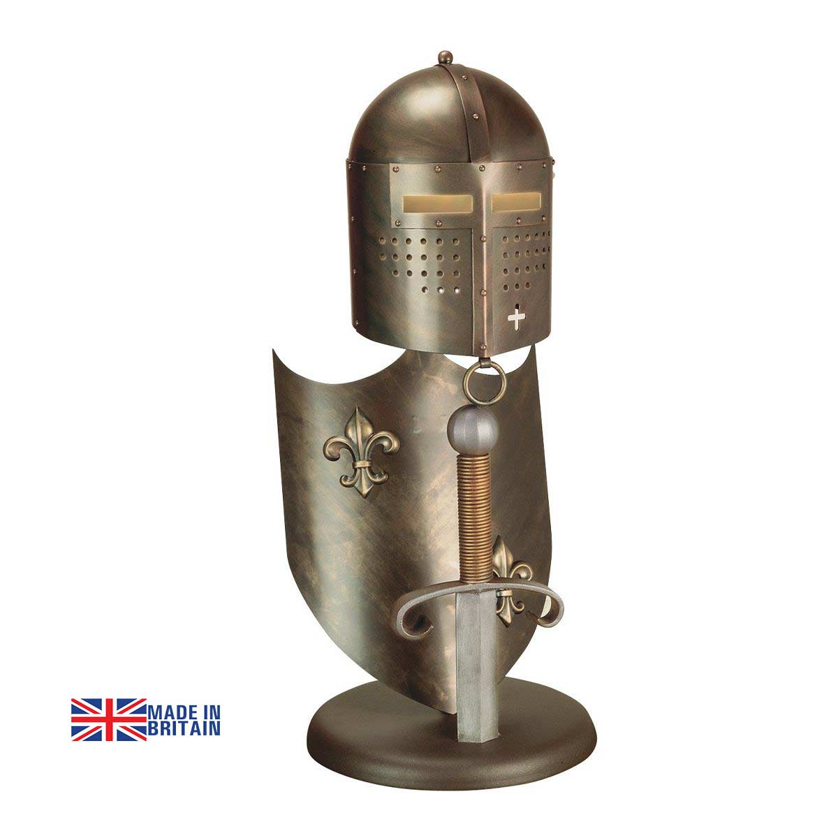 Crusader tall heraldic shield feature bronze finish table lamp, on a white background.