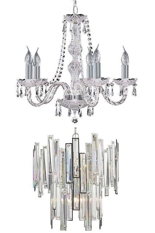 Example of traditional and modern crystal chandeliers on white background