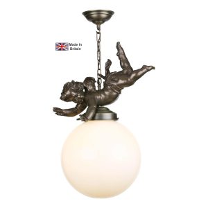 Cupid ceiling light pendant in matt bronze with opal white glass shade on white background lit
