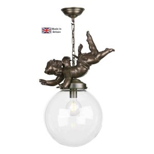 Cupid ceiling light pendant in matt bronze with clear glass globe shade on white background lit