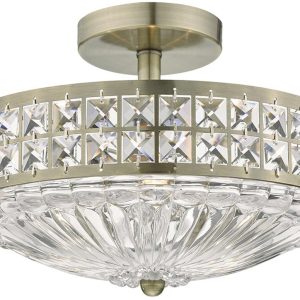 Dar Olona Crystal 3 Lamp Semi Flush Light Antique Brass