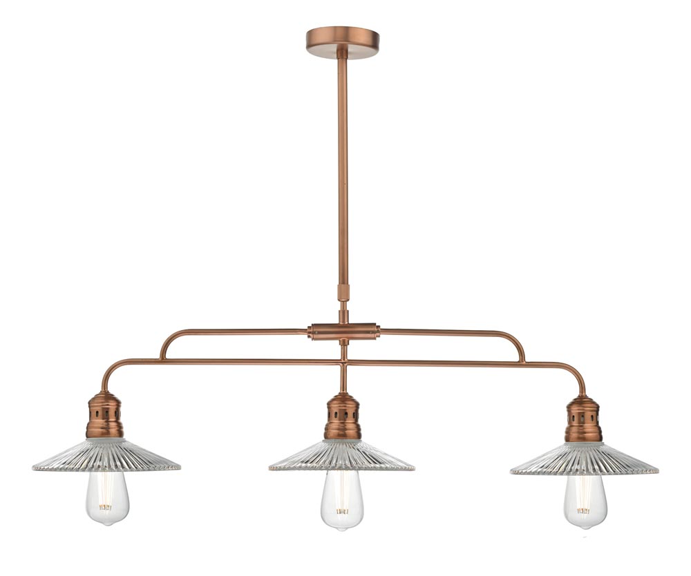 Dar Adeline 3 Light Bar Ceiling Pendant Antique Copper Ribbed Glass