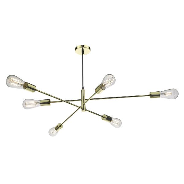 Dar Alana Industrial Style 6 Lamp Pendant Ceiling Light Polished Gold