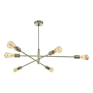 Dar Alana industrial style 6 lamp pendant ceiling light in antique brass main image