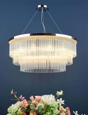 Dar Alpheios 12 light chandelier in chrome with clear glass rods main image