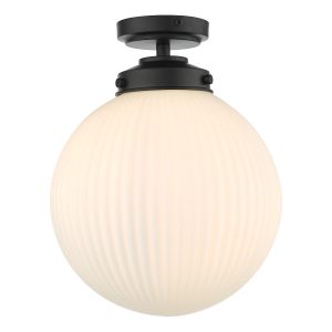 Dar Alrik flush bathroom ceiling light in matt black with ribbed opal glass main image