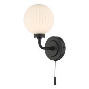 Dar Alrik switched bathroom wall light in matt black with ribbed opal glass main image