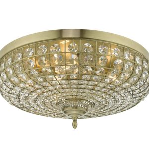 Dar Asmara 5 Lamp Flush Mount Crystal Low Ceiling Light Antique Brass