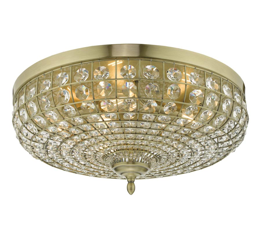 Dar Asmara 5 Lamp Flush Mount Crystal Low Ceiling Light Antique Brass