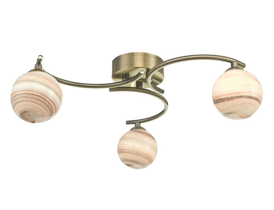 Dar Atiya 3 Arm Flush Low Ceiling Light Antique Brass Planet Art Glass