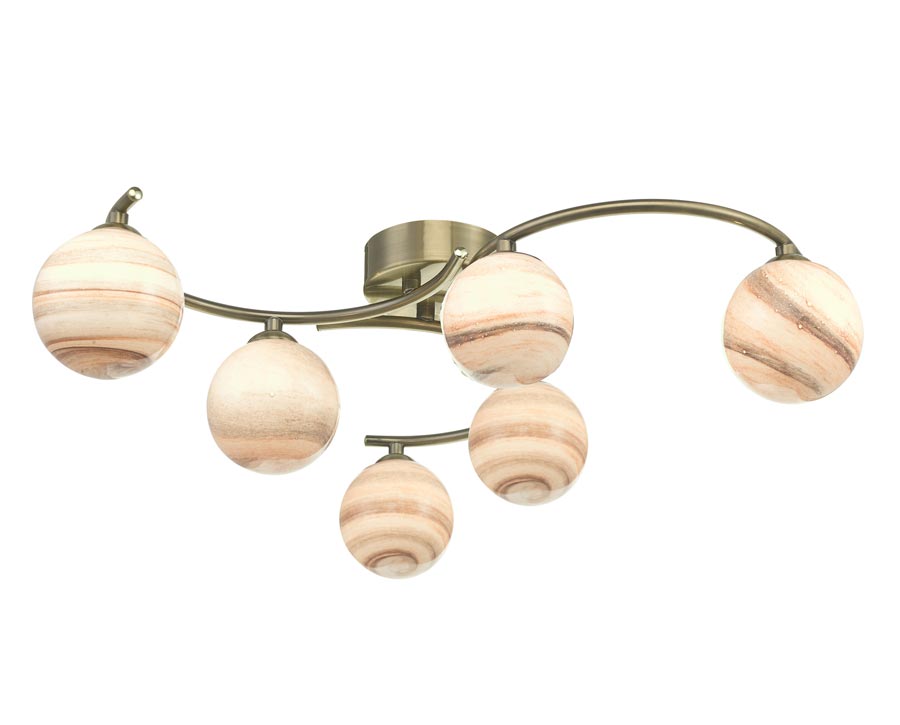 Dar Atiya 6 Lamp Flush Low Ceiling Light Antique Brass Planet Art Glass