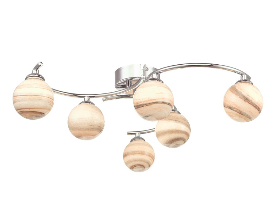 Dar Atiya 6 Lamp Flush Low Ceiling Light Chrome Planet Art Glass Globes