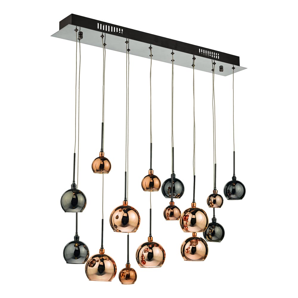 Dar Aurelia 15 Light Bar Pendant Black Chrome Copper & Bronze Glass