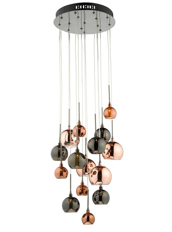 Dar Aurelia Long Drop 15 Light Cluster Pendant Copper & Bronze Glass