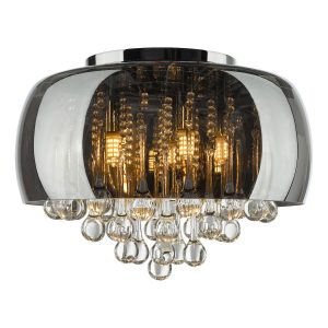 Dar Aviel flush smoked glass shade ceiling light with clear glass drops main image