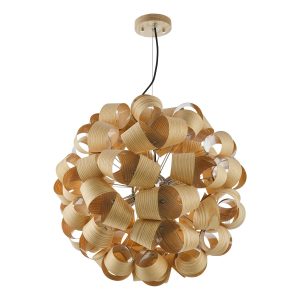 Dar Ayna 6 light ash wood veneer swirls ceiling pendant in satin nickel main image