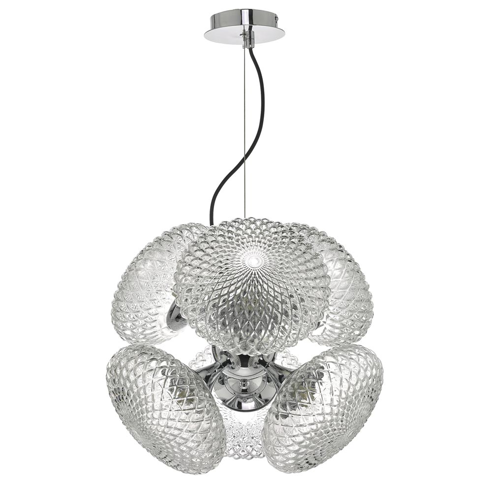 Dar Bibiana 6 Light Modern Ceiling Pendant Chrome Textured Clear Glass