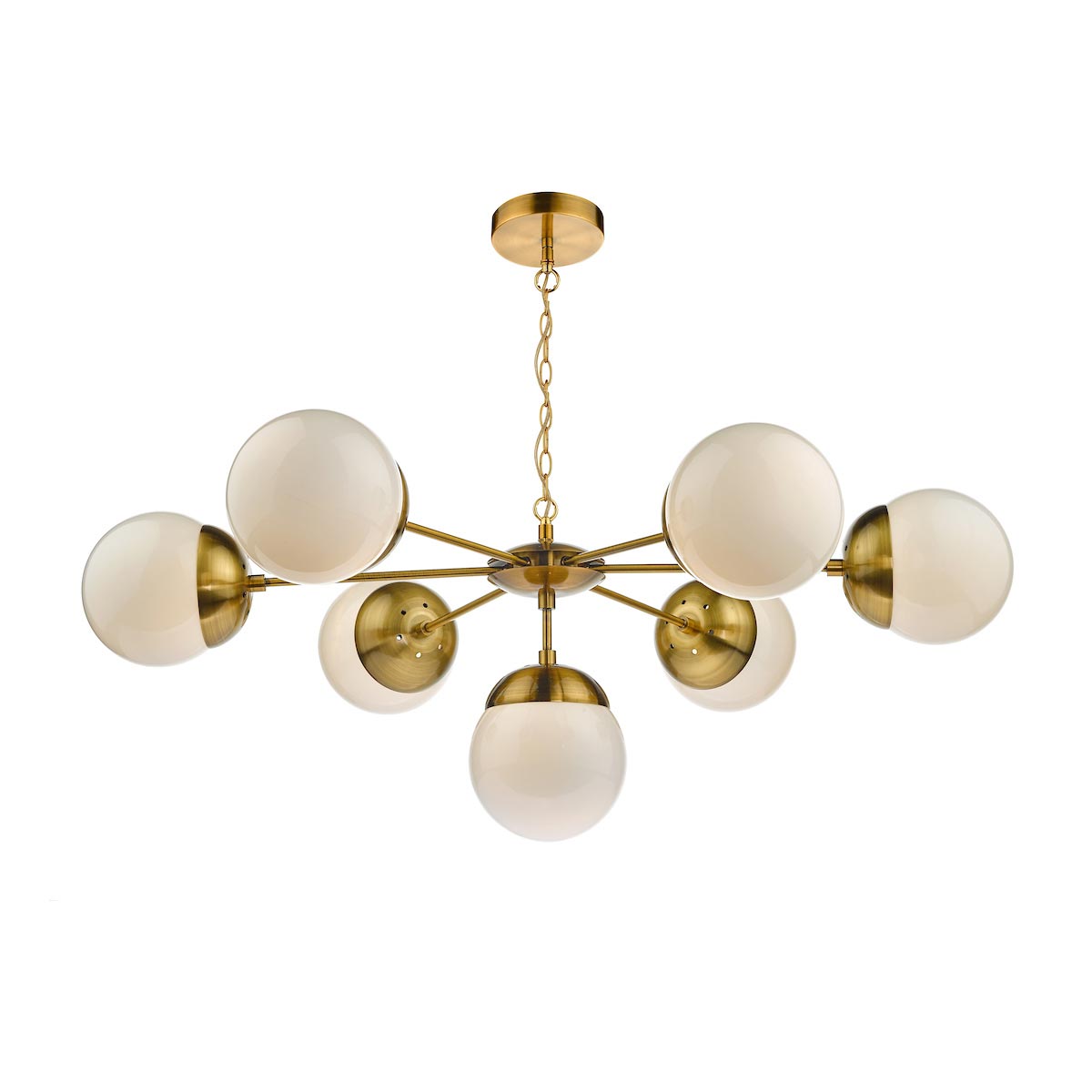 Dar Bombazine 7 Light Chandelier Natural Solid Brass Opal Glass Globes