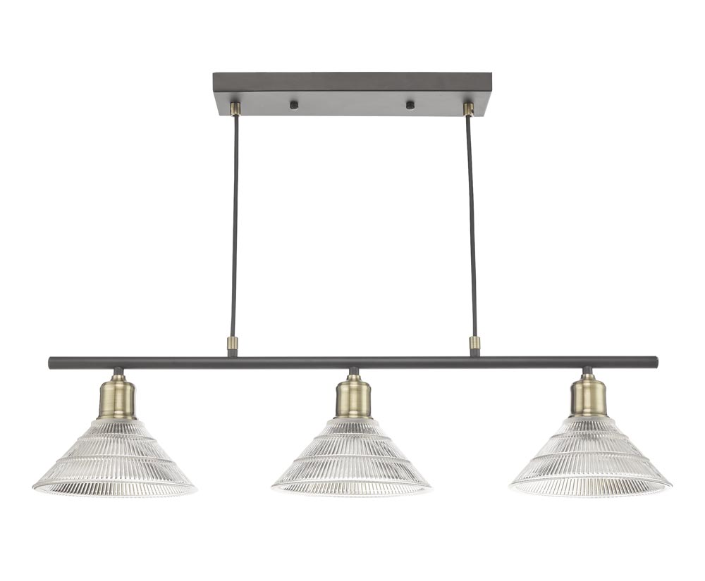 Dar Boyd Industrial Pendant 3 Light Bar Prismatic Glass Black / Brass