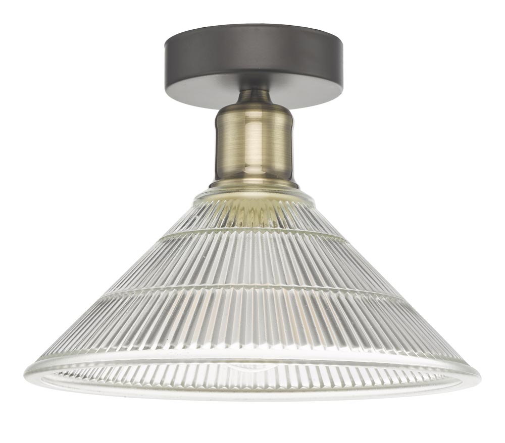 Dar Boyd Flush Single Industrial Ceiling Light Prismatic Glass Black / Brass