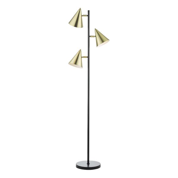 Dar Branco 3 Light Floor Lamp Matt Black Satin Brass Cone Shades