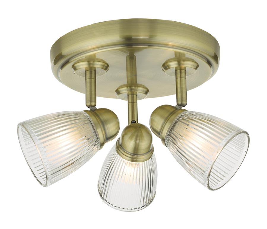 Dar Cedric Retro Bathroom Ceiling 3 Light Antique Brass Ribbed Glass