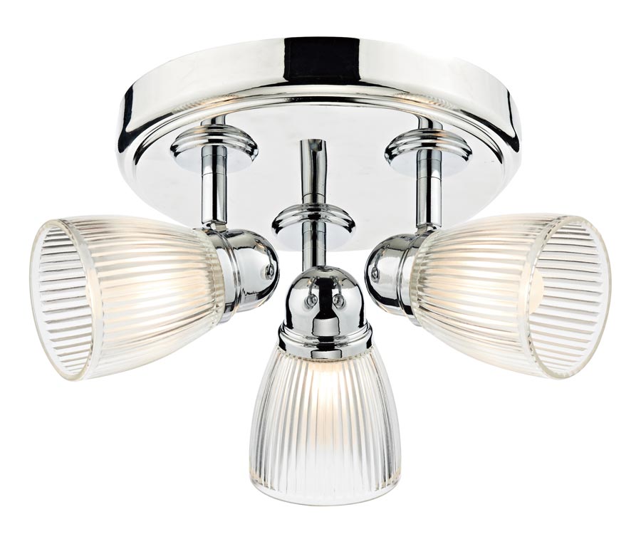 Dar Cedric Retro 3 Lamp Bathroom Ceiling Light Chrome Ribbed Glass