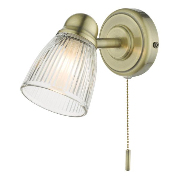 Dar Cedric Retro Bathroom Wall Light Switch Antique Brass Ribbed Glass