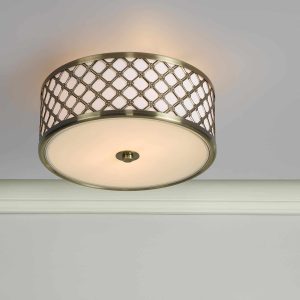 Dar Civic small glass 2 light flush mount low ceiling fitting in antique brass main image
