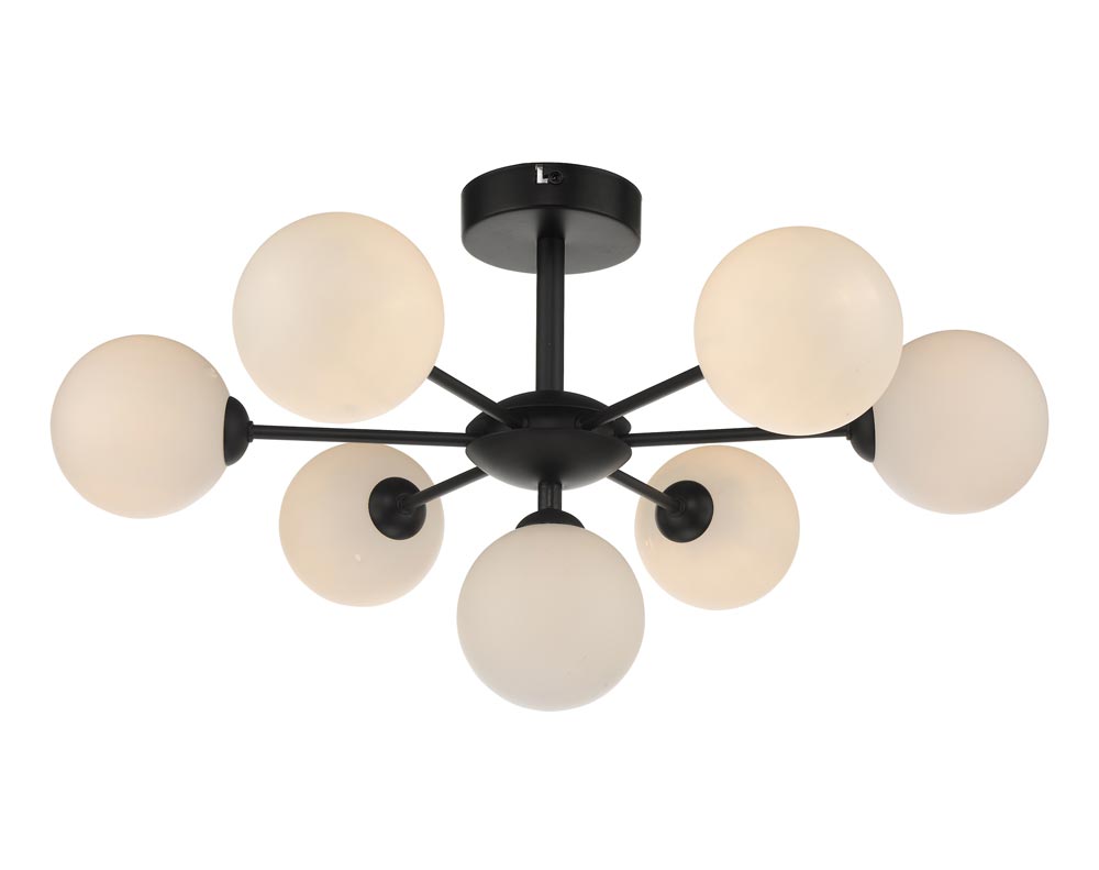 Dar Cohen 7 Arm Low Ceiling Light Matt Black Opal Glass