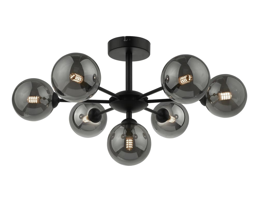 Dar Cohen 7 Arm Low Ceiling Light Matt Black Smoked Glass