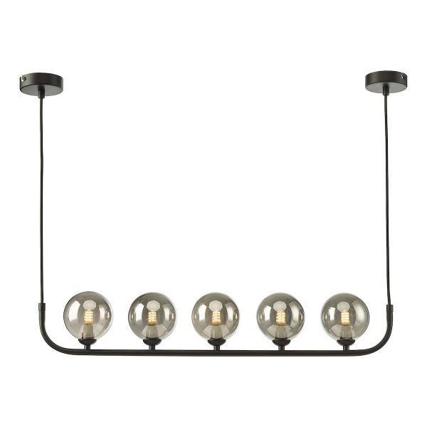 Dar Cradle 5 light bar pendant in matt black with smoked glass globes main image
