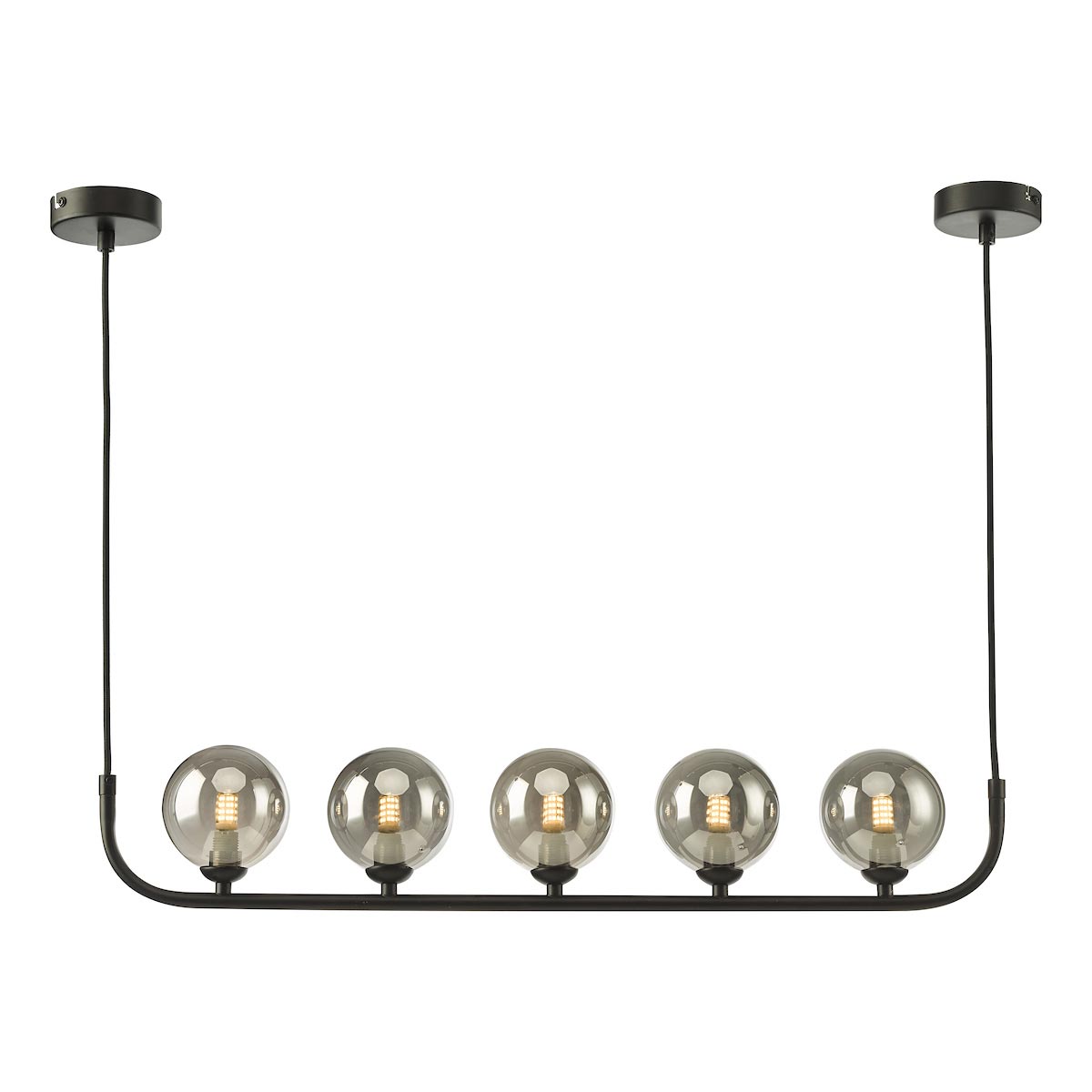 Dar Cradle 5 Light Bar Ceiling Pendant Matt Black Smoked Glass Globes