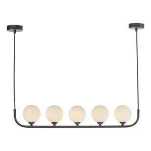 Dar Cradle 5 light bar pendant in matt black with opal glass globes main image