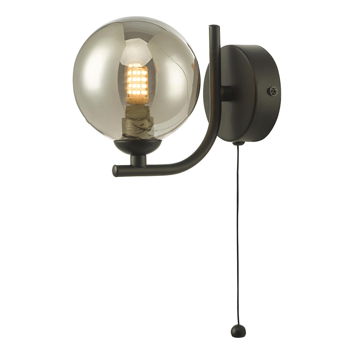 Dar Cradle 1 Lamp Switched Wall Light Matt Black Smoked Glass Globe