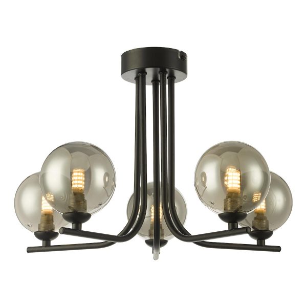 Dar Cradle 5 light ceiling semi flush in matt black with smoked glass globes main image