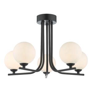 Dar Cradle 5 light ceiling semi flush in matt black with opal glass globes main image