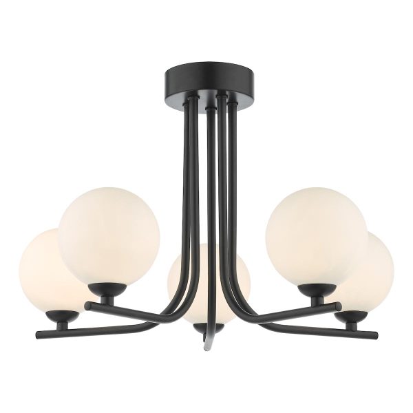 Dar Cradle 5 light ceiling semi flush in matt black with opal glass globes main image